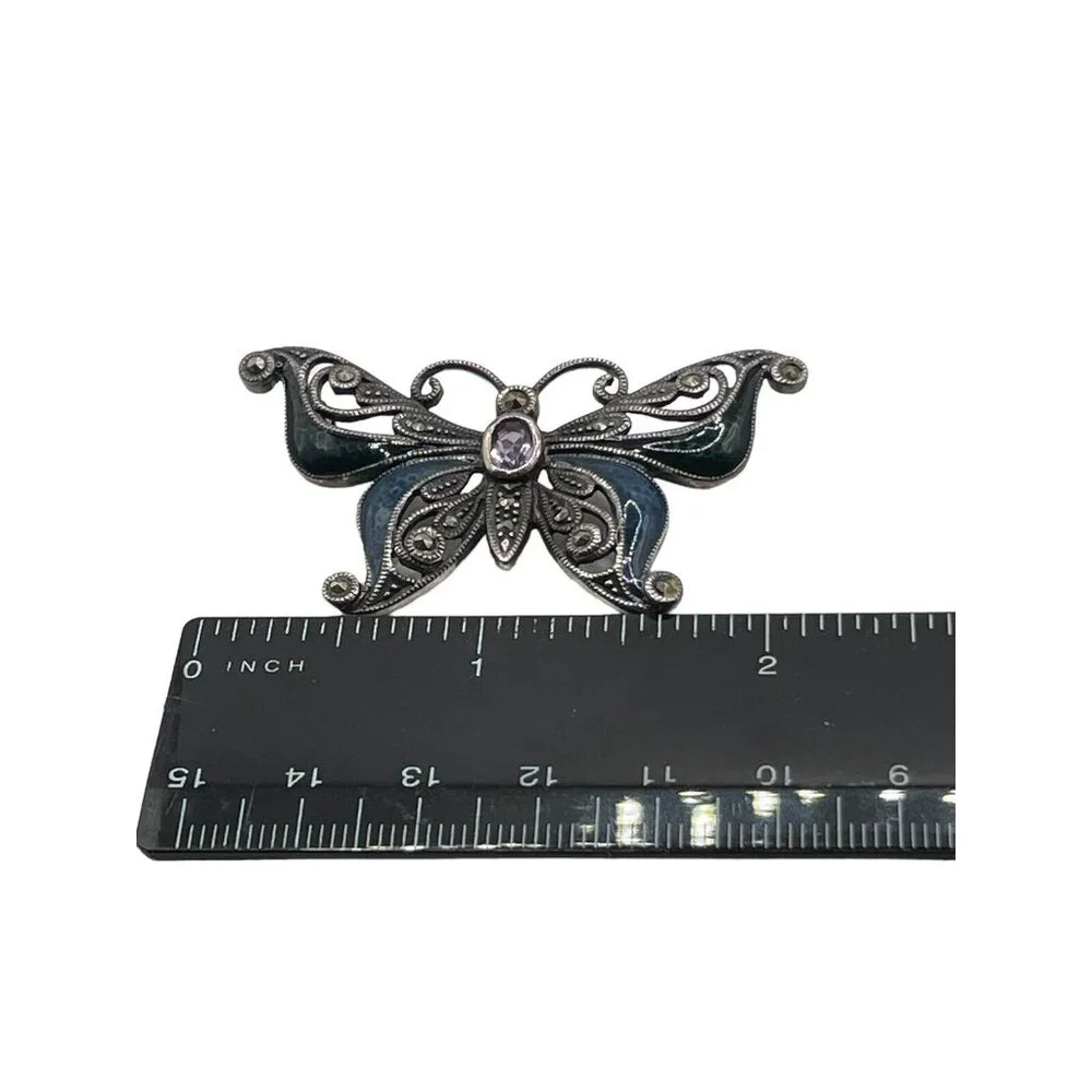 Sterling Silver 925 Faceted Amethyst Marcasite Enameled Butterfly Brooch Pin VTG